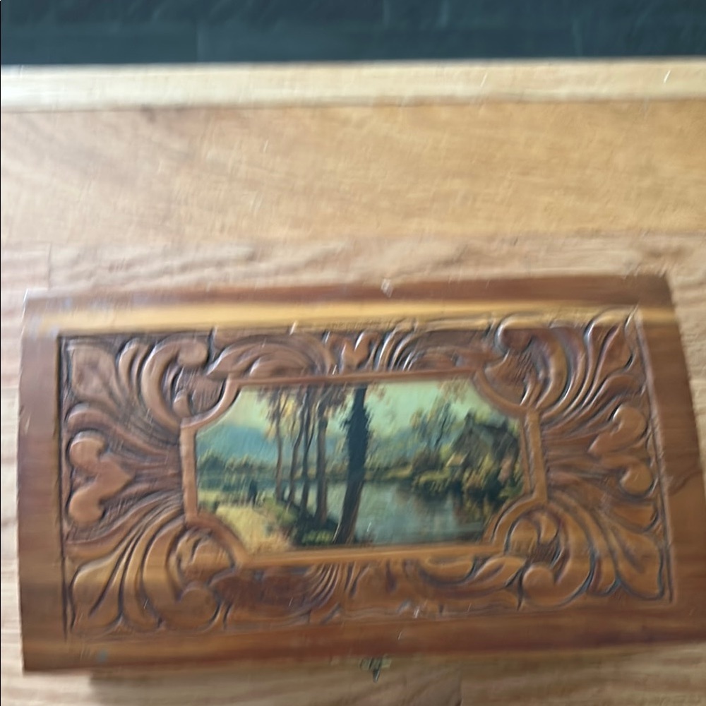 Antique Wooden Carved Box with Scenic Inlay